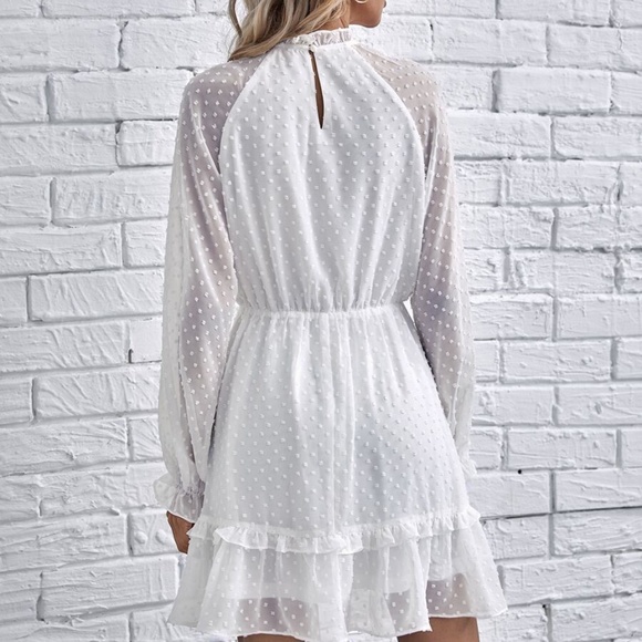 boho white swiss dot v neck belted ruffle dress - Picture 6 of 7